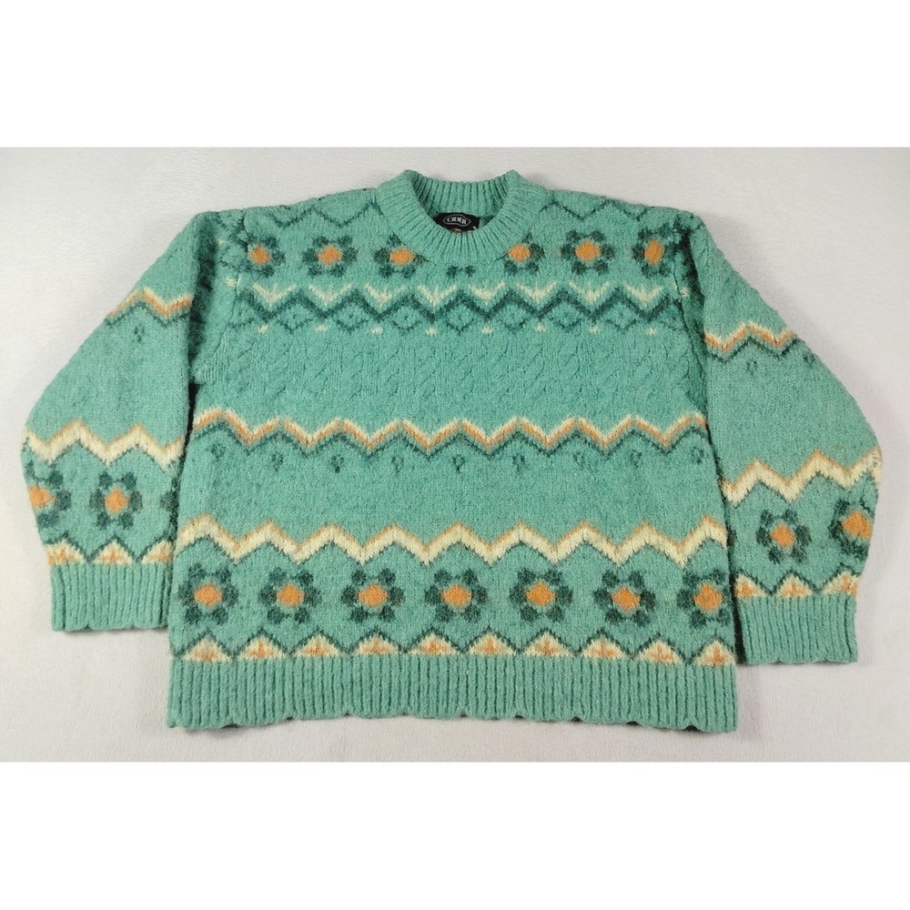 Cider Sweater Womens Medium Green Fair‎ Isle Chunky Knit Cabincore Cozycore